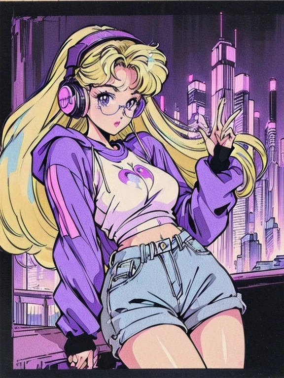 (Blonde Barbie:1.2),(vintage 90's:1.1),(romance anime style:1.3), clear glasses, headphones, dark cyberpunk, dark color scheme with a black and purple background, curly hair, oversized baggy sweatshirt, ssolo