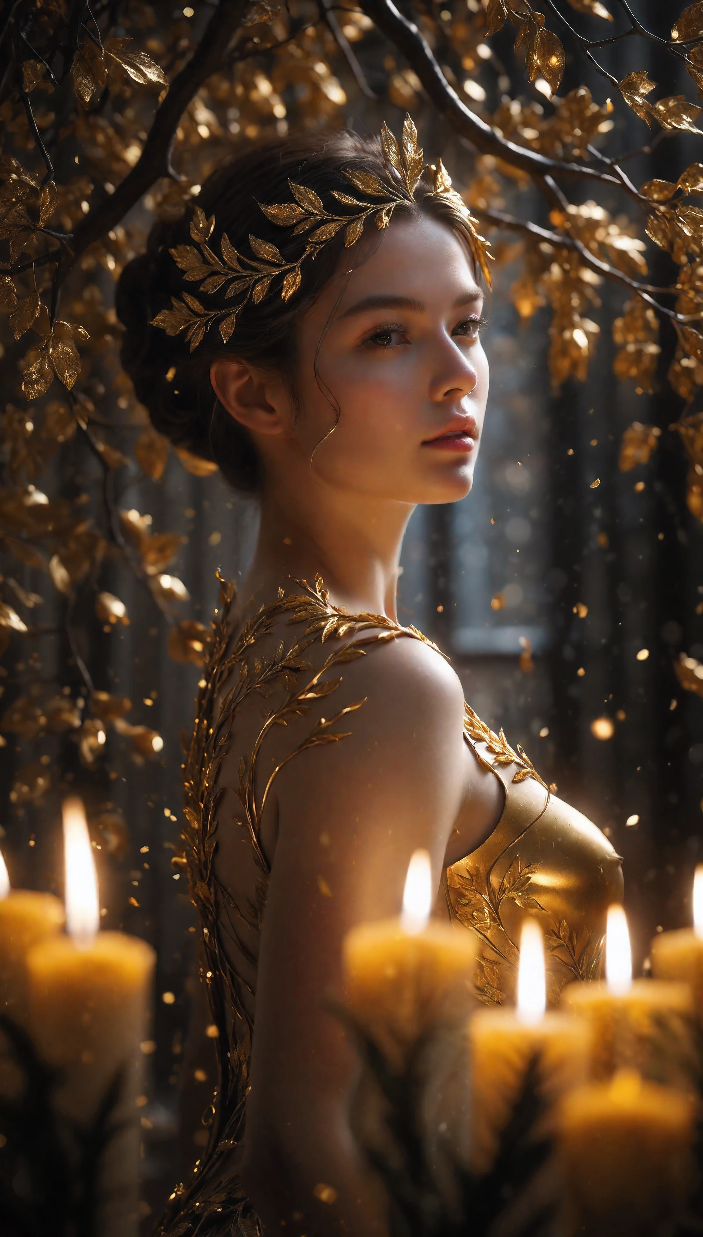 ((Masterpiece in maximum 16K resolution):1.6),((soft_color_photograpy:)1.5), ((Ultra-Detailed):1.4),((Movie-like still images and dynamic angles):1.3). | (cinematic photo of tree sculpture with gold leaf), (gold leaf art), (tree sculpture), (focus on the tree sculpture), (cinematic lens), (exotic sculpture), (Candles), (luminous object), (majestic atmosphere), (shimmer), (aesthetic background), (visual experience),(Realism), (Realistic),award-winning graphics, dark shot, film grain, extremely detailed, Digital Art, rtx, Unreal Engine, scene concept anti glare effect, All captured with sharp focus. | Rendered in ultra-high definition with UHD and retina quality, this masterpiece ensures anatomical correctness and textured skin with super detail. With a focus on high quality and accuracy, this award-winning portrayal captures every nuance in stunning 16k resolution, immersing viewers in its lifelike depiction. | ((perfect_composition, perfect_design, perfect_layout, perfect_detail, ultra_detailed)), ((enhance_all, fix_everything)), More Detail, Enhance.