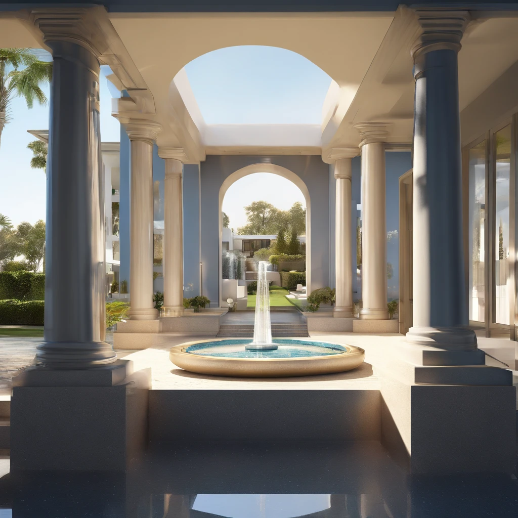 Blue prints, Masterpiece, realistic, breathtaking, High Quality, High Resolution, field stone,150000 sq.ft., Mansion, Luxury, intricate details, gold water fountain in foreground working, lightly glowing with golden sparkles, Stunning, Masterpiece, Sunshine, Ray's Sparkle, golden hue