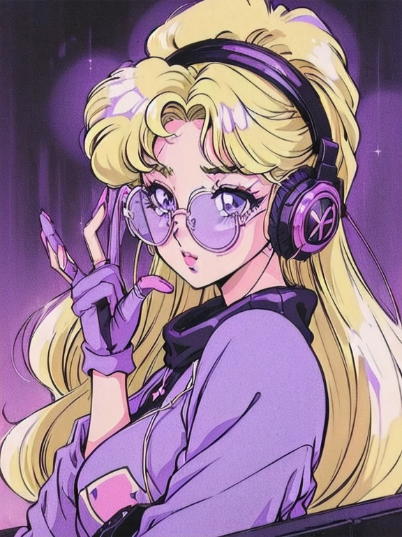(Blonde Barbie:1.2),(vintage 90's:1.1),(romance anime style:1.3), clear glasses, headphones, dark cyberpunk, dark color scheme with a black and purple background, curly hair, oversized baggy sweatshirt
