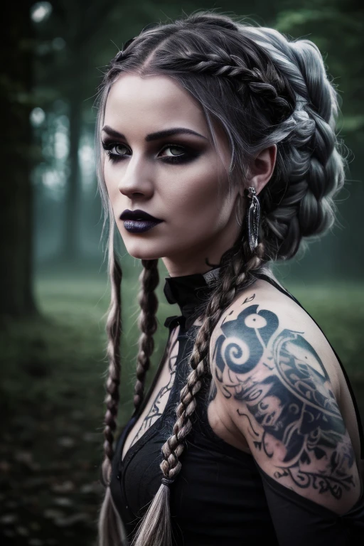 A woman with white and loose hair, some braids, purple eyes, black clothing, a moon accessory on the forehead, numerous tattoos, a gothic and mysterious air.([woman], [white and loose hair], [braids], [purple eyes], [black clothing], [moon accessory on the forehead], [numerous tattoos], [gothic], [mysterious])

(high quality,4k,8k,highres,masterpiece:1.2),ultra-detailed,(realistic,photorealistic,photo-realistic:1.37), [HDR], [UHD], [studio lighting], [ultra-fine painting], [sharp focus], [physically-based rendering], [extreme detail description], [professional], [vivid colors], [bokeh],

[portrait], [gothic artwork], [dark atmosphere], [moonlit scenery], [mystical], [vibrant colors], [dreamlike], [ethereal], [intricate details], ([lonely figure] or [with a haunting figure] depending on the mood), [moonlit garden], [romantic darkness], ([fairytale-like] or [nightmare-like] depending on the desired impression)