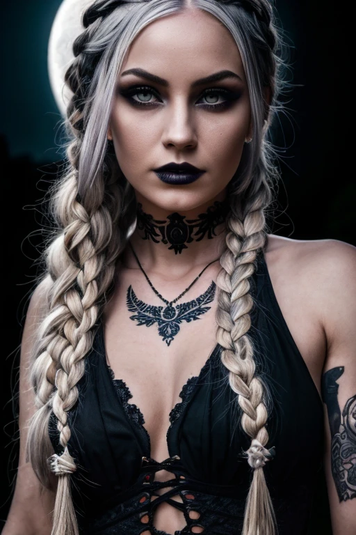 18 year old platinum blonde goth woman with 2400cc giant perky natural tits, bigger than her head, with dragon tattoos tied up