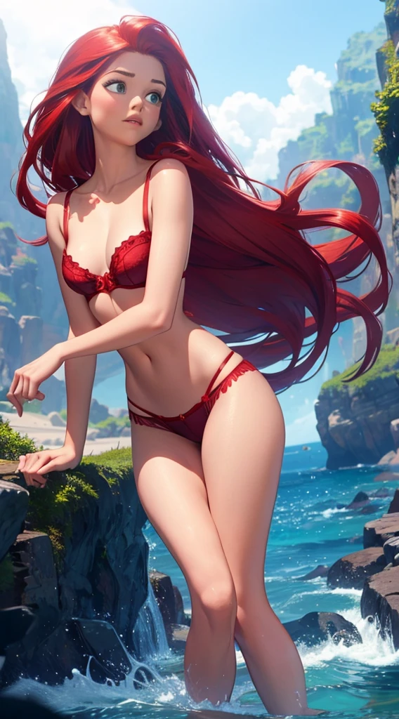 Ariel from The little mermaid with red long hair, poising sexy in bra and thong, makes room, small waist, slim, and long legs