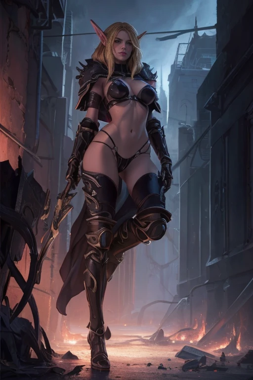 red eyes, sylvanas_windrunner, sylv-lora, 1girl, elf, , will be depicted in the futuristic world of "Aeon Flux". The artwork will be created using the medium of digital illustration. The image quality should be at its best, with a resolution of 4k or 8k. It should be ultra-detailed and have a realistic, photorealistic appearance. The colors should be vivid and the lighting should be carefully designed to enhance the overall atmosphere of the scene.

In the artwork, red eyes, sylvanas_windrunner, sylv-lora, 1girl, elf, character will be portrayed with beautiful, detailed eyes and lips, Her face will be extremely detailed, capturing her unique features and expressions. She will be shown in a dynamic pose, reflecting her strong and confident personality. The background will be a futuristic cityscape, showcasing the sci-fi elements of the "Aeon Flux" universe. The city will be presented in a dark and moody color palette, with neon lights illuminating the streets. The composition will have a strong sense of depth, with layers of buildings and structures creating a visually striking image.

The artwork will have a professional and polished look, with sharp focus and ultra-fine painting details. The use of HDR and studio lighting will further enhance the realism of the scene. The overall style of the artwork will be influenced by concept artists, combining elements of science fiction and dystopia. The final result should be a masterpiece that captures the essence of "Aeon Flux" and portrayal of the red eyes, sylvanas_windrunner, sylv-lora, 1girl, elf,  iconic character.