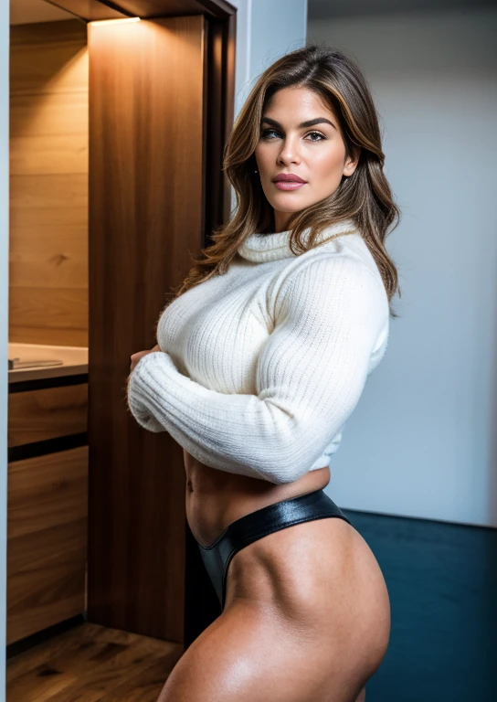 Cindy crawford, , Generate a full length fashion portrait of a heavily muscled iff pro female bodybuilder , her makeup, hair, she is dressed in a tight fluffy woolen sweater, tight miniskirt, white knee high socks, lighting, environment
