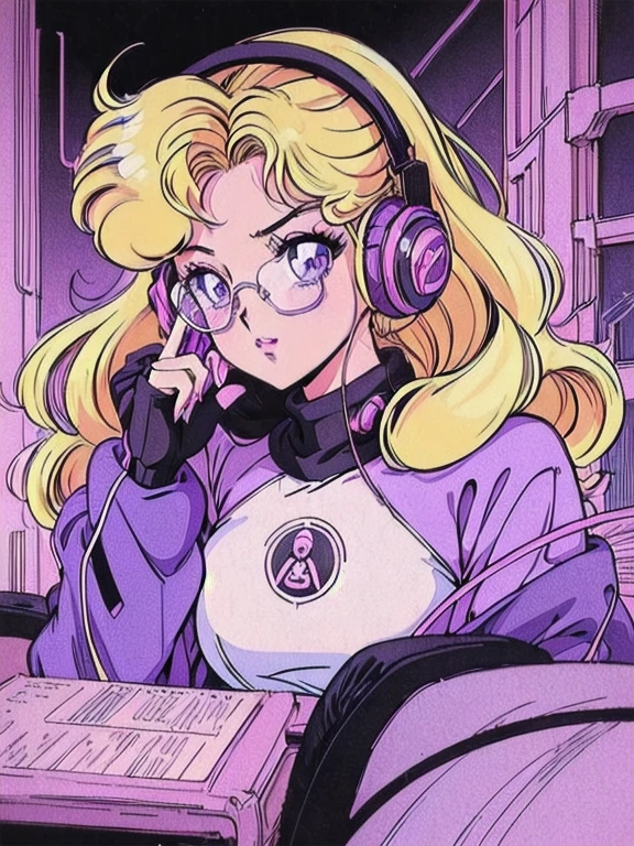 (Blonde Barbie:1.2),(vintage 90's:1.1),(romance anime style:1.3), clear glasses, headphones, dark cyberpunk, dark color scheme with a black and purple background, curly hair, baggy sweatshirt