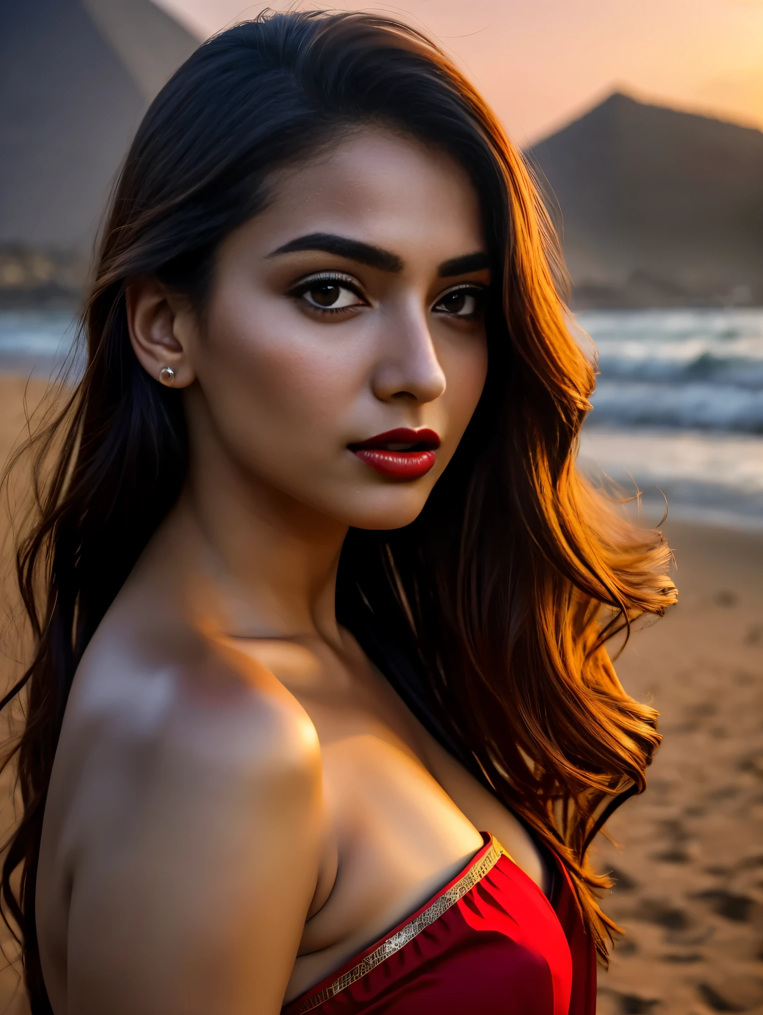 Ultra realistic cinematic soft light and ultra detailed red hour portrait,1girl in, 19, Solo, Long hair, Colossal , Looking at Viewer, black hair, Bare shoulders, Brown eyes, Full body, off shoulders, saree, Realistic, A sexy, 4K, max quality, small breasts, super sharp image, 8K, beautiful pose, playboy model, photo session, red lips, headshot, masterpiece, sex bomb, kashmiri, detailed body, Egyptian dress, chewing lips, highly detailed, seducing, seductive,face only, perfect lightening, white skin, good bright lightening, beach , dancing