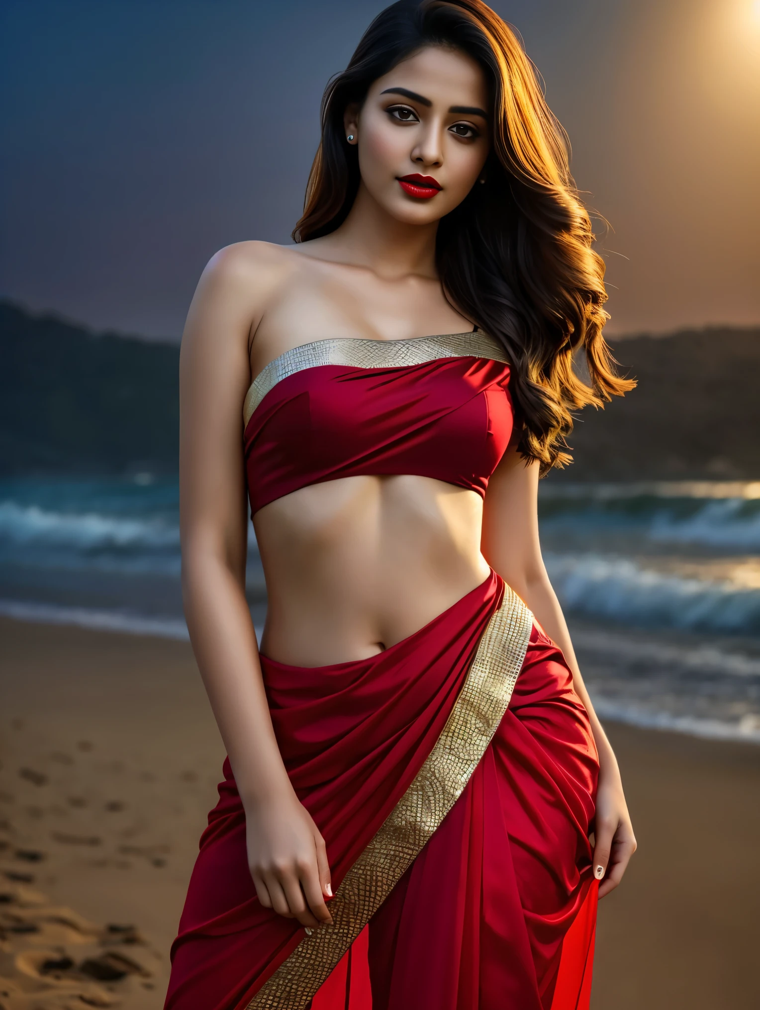 Ultra realistic cinematic soft light and ultra detailed red hour portrait, full body shot, actress rea chakraborty, 1girl in, age19, Solo, Long hair, Colossal , Looking at Viewer, black hair, Bare shoulders, Brown eyes, Full body, off shoulders, saree, Realistic, A sexy, 4K, max quality, small breasts, super sharp image, 8K, beautiful pose, playboy model, photo session, red lips, headshot, masterpiece, sex bomb, kashmiri, detailed body, Egyptian dress, chewing lips, highly detailed, seducing, seductive,face only, perfect lightening, white skin, good bright lightening, beach , dancing