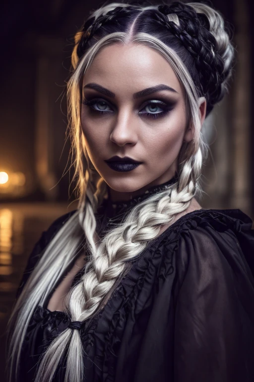 A woman with white and loose hair, some braids, purple eyes, black clothing, a moon accessory on the forehead, numerous tattoos, a gothic and mysterious air.([woman], [white and loose hair], [braids], [purple eyes], [black clothing], [moon accessory on the forehead], [numerous tattoos], [gothic], [mysterious])

(high quality,4k,8k,highres,masterpiece:1.2),ultra-detailed,(realistic,photorealistic,photo-realistic:1.37), [HDR], [UHD], [studio lighting], [ultra-fine painting], [sharp focus], [physically-based rendering], [extreme detail description], [professional], [vivid colors], [bokeh],

[portrait], [gothic artwork], [dark atmosphere], [moonlit scenery], [mystical], [vibrant colors], [dreamlike], [ethereal], [intricate details], ([lonely figure] or [with a haunting figure] depending on the mood), [moonlit garden], [romantic darkness], ([fairytale-like] or [nightmare-like] depending on the desired impression)