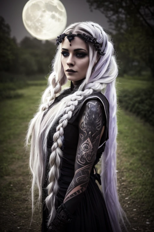 A woman with white and loose hair, some braids, purple eyes, black clothing, a moon accessory on the forehead, numerous tattoos, a gothic and mysterious air.([woman], [white and loose hair], [braids], [purple eyes], [black clothing], [moon accessory on the forehead], [numerous tattoos], [gothic], [mysterious])

(high quality,4k,8k,highres,masterpiece:1.2),ultra-detailed,(realistic,photorealistic,photo-realistic:1.37), [HDR], [UHD], [studio lighting], [ultra-fine painting], [sharp focus], [physically-based rendering], [extreme detail description], [professional], [vivid colors], [bokeh],

[portrait], [gothic artwork], [dark atmosphere], [moonlit scenery], [mystical], [vibrant colors], [dreamlike], [ethereal], [intricate details], ([lonely figure] or [with a haunting figure] depending on the mood), [moonlit garden], [romantic darkness], ([fairytale-like] or [nightmare-like] depending on the desired impression)
