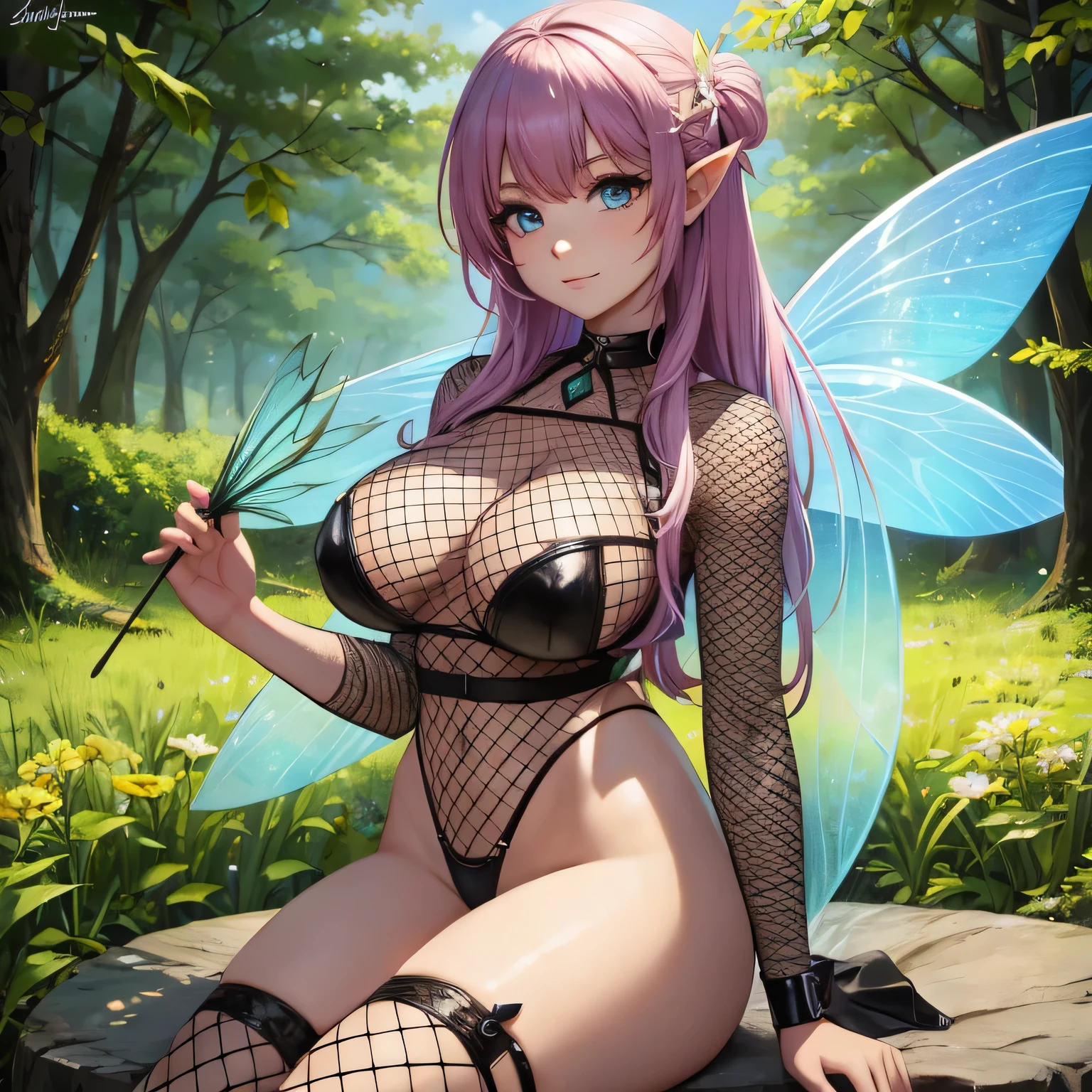 beautiful fairy in fishnets, holding a fishnet in her hands