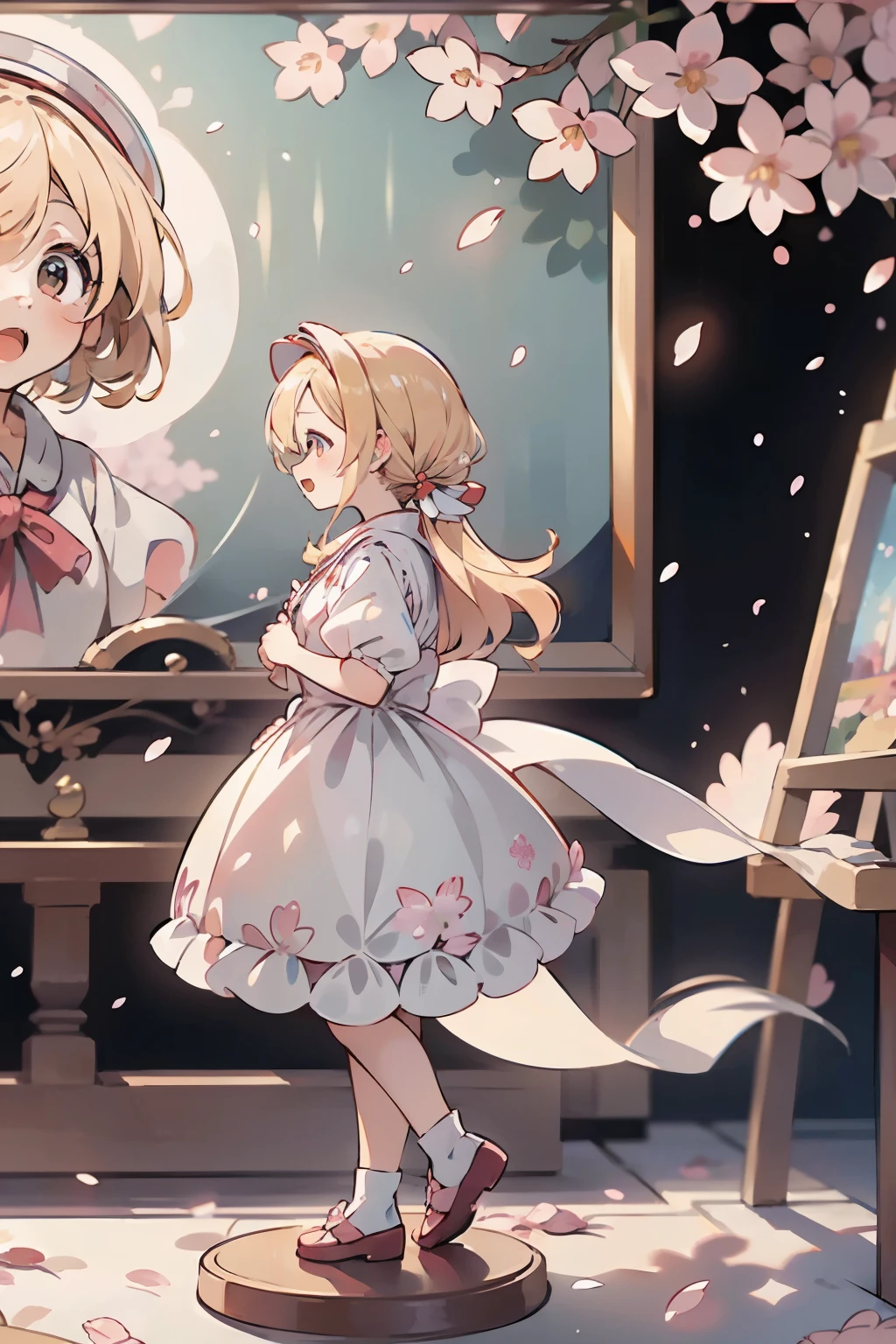 Doll standing in front of the painting、blonde、Yawning face、Rococo、(high definition figures)、Flowing cherry colored silk、cherry blossom petals、Flowing cherry blossom silk、Taken from the side、Bokeh effect strong、season!!: 🌸 ☀ 🍂 ❄