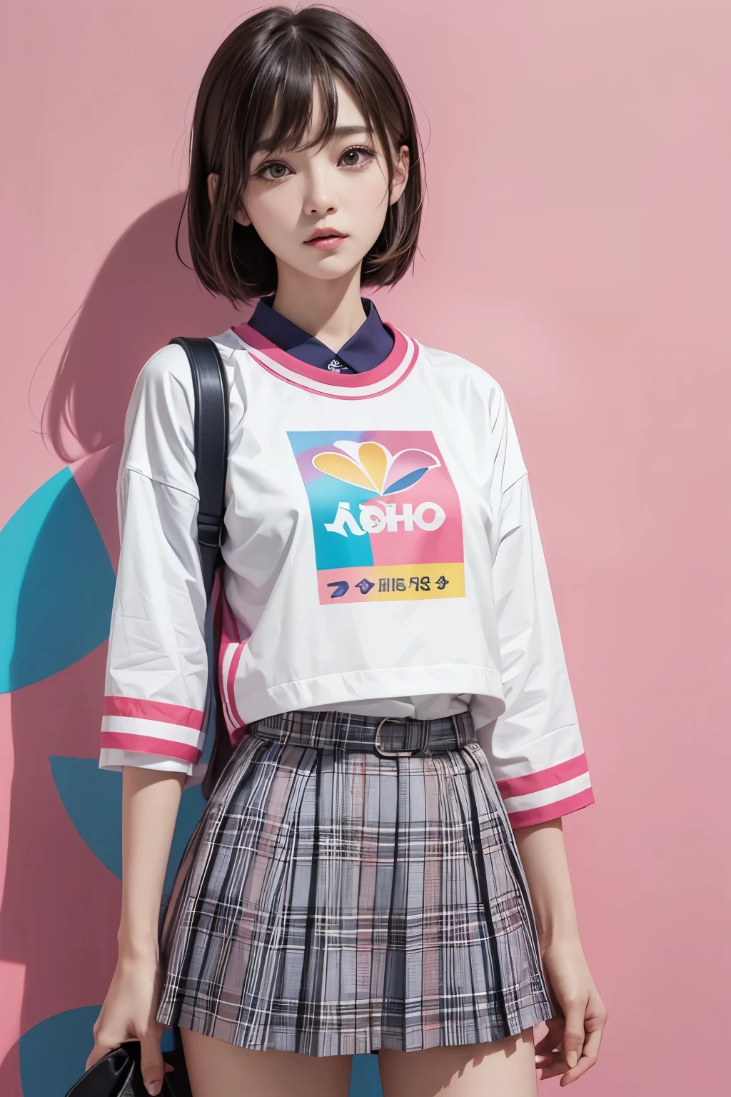 Arapé girl wearing multi-colored casual clothes in front of a colorful background, official artwork, still promotion, official art, Photo shoot, Promotional photos, Aya Takano Color Style, Chiho, Promotional art, promo shot, colorful photos, promo still, Promotional images, Photo shoot, best artist, Portrait of Korean twenties, Random Actions,