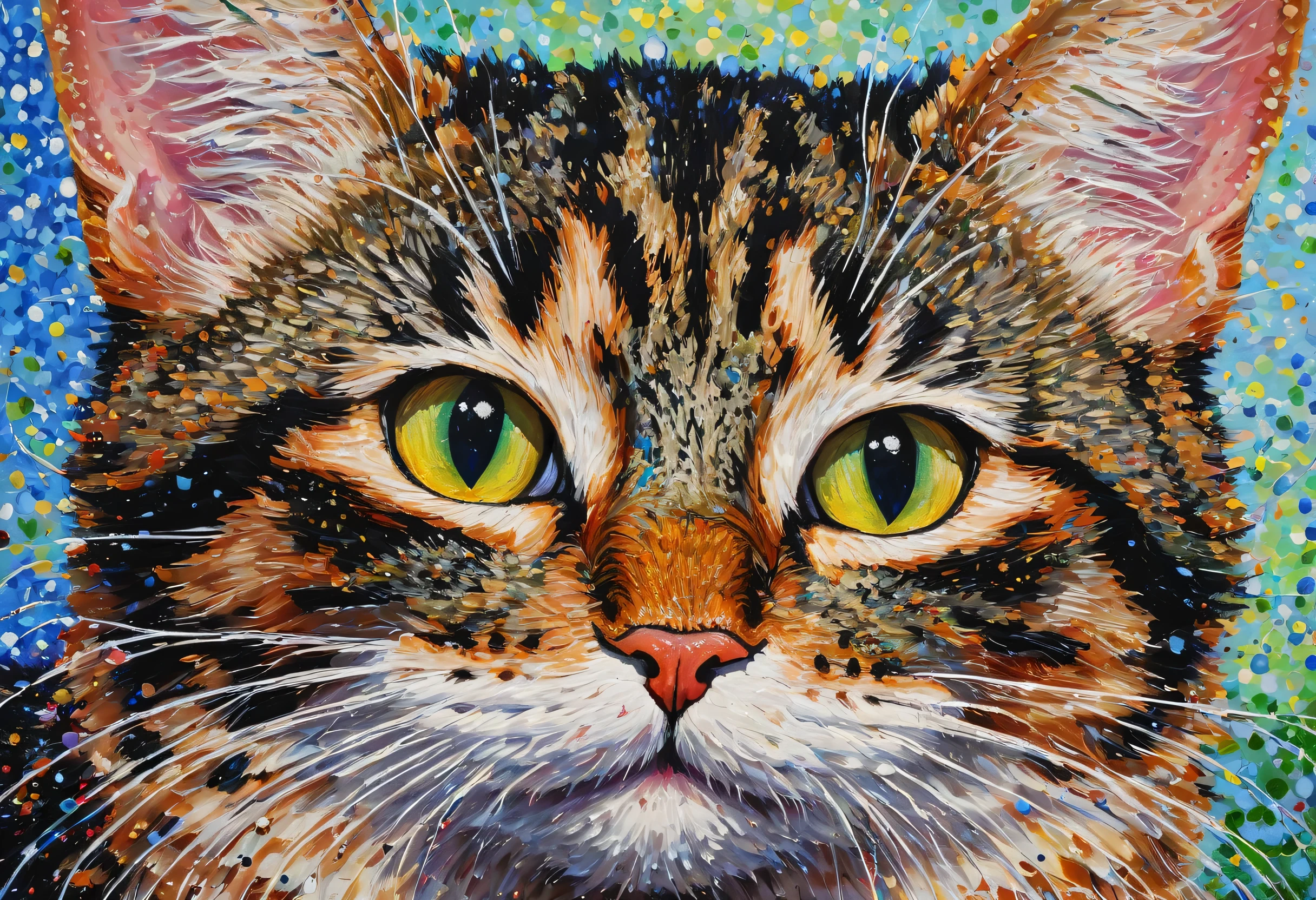 Cat Painting with a dandelion in its paws, Detailed painting by Jan Born, reddit, Pointillism, 子Cat oil painting, highly detailed oil painting, Cat oil painting, Cat portrait, 子Cat portrait, in a Cat Painting, Cat Painting, Add details, a Cat Painting