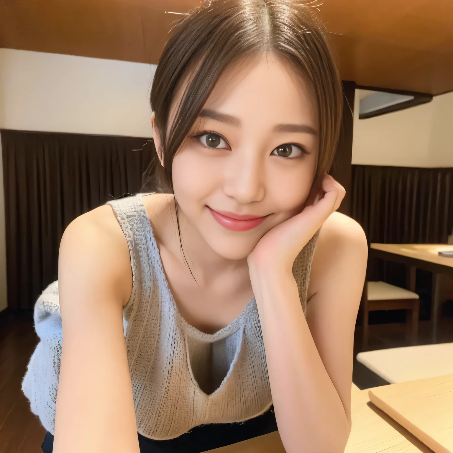 ((highest quality、8K、masterpiece:1.3))、1 girl、lazy smile、Full body Esbian、slim face、Beautiful woman、( Block check knit top :1.1) ,(dark brown hair) 、ponytail、Shorts 1.1、valley、fine eyes、double eyelid、blurred background、slim face、look down、inside the room、 table、Eat sushi、