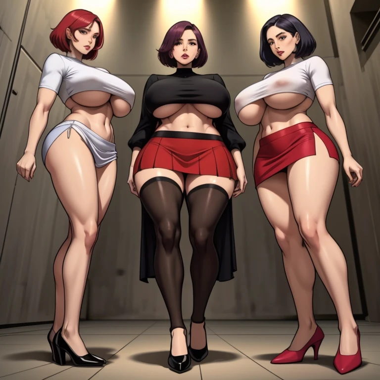 3 mature women, gigantic breasts, microskirt, cropped tops, underboob, fullbody shot, standing, front view from below