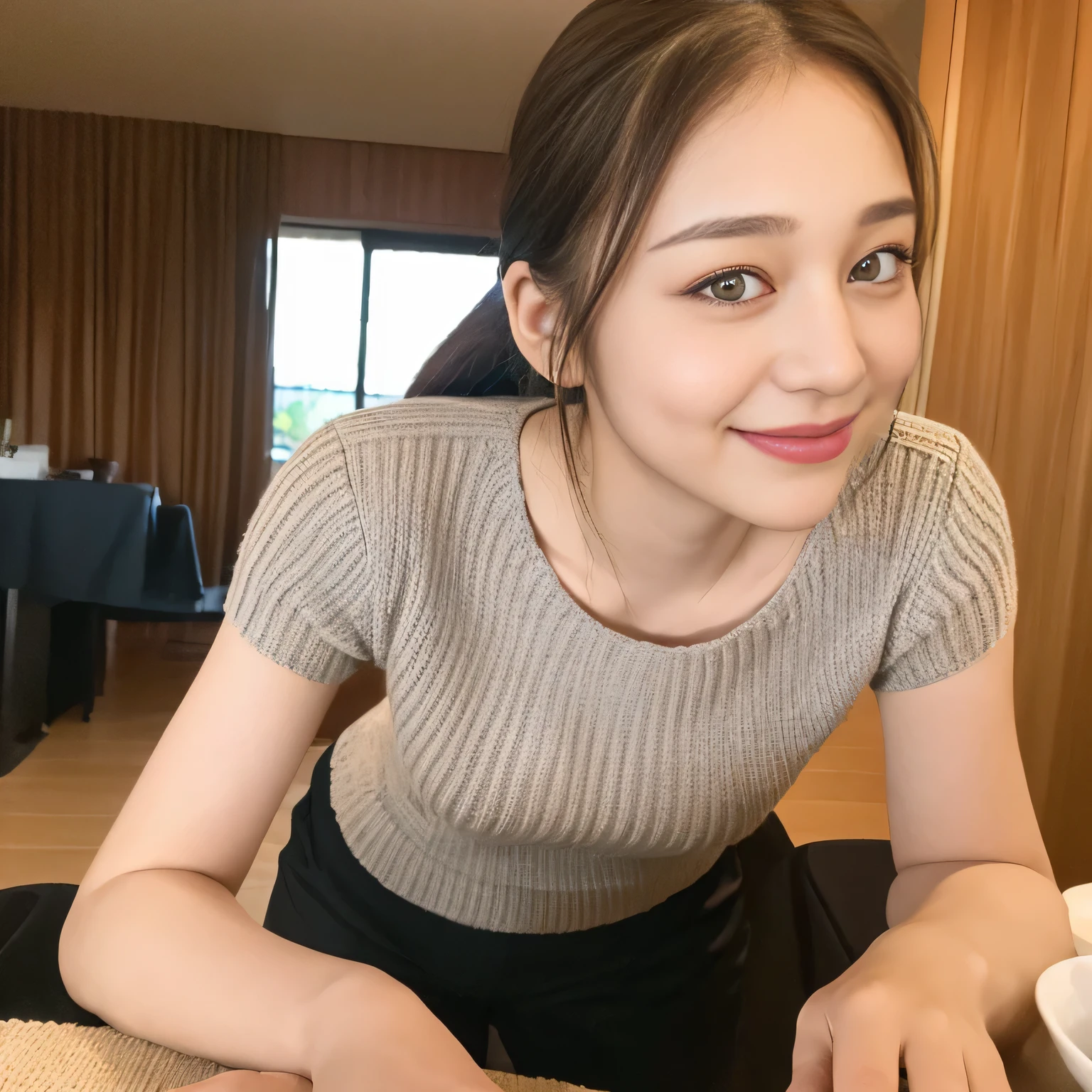 ((highest quality、8K、masterpiece:1.3))、1 girl、lazy smile、Full body Esbian、slim face、Beautiful woman、( Block check knit top :1.1) ,(dark brown hair) 、ponytail、Shorts 1.1、valley、fine eyes、double eyelid、blurred background、slim face、look down、inside the room、 table、Eat sushi、