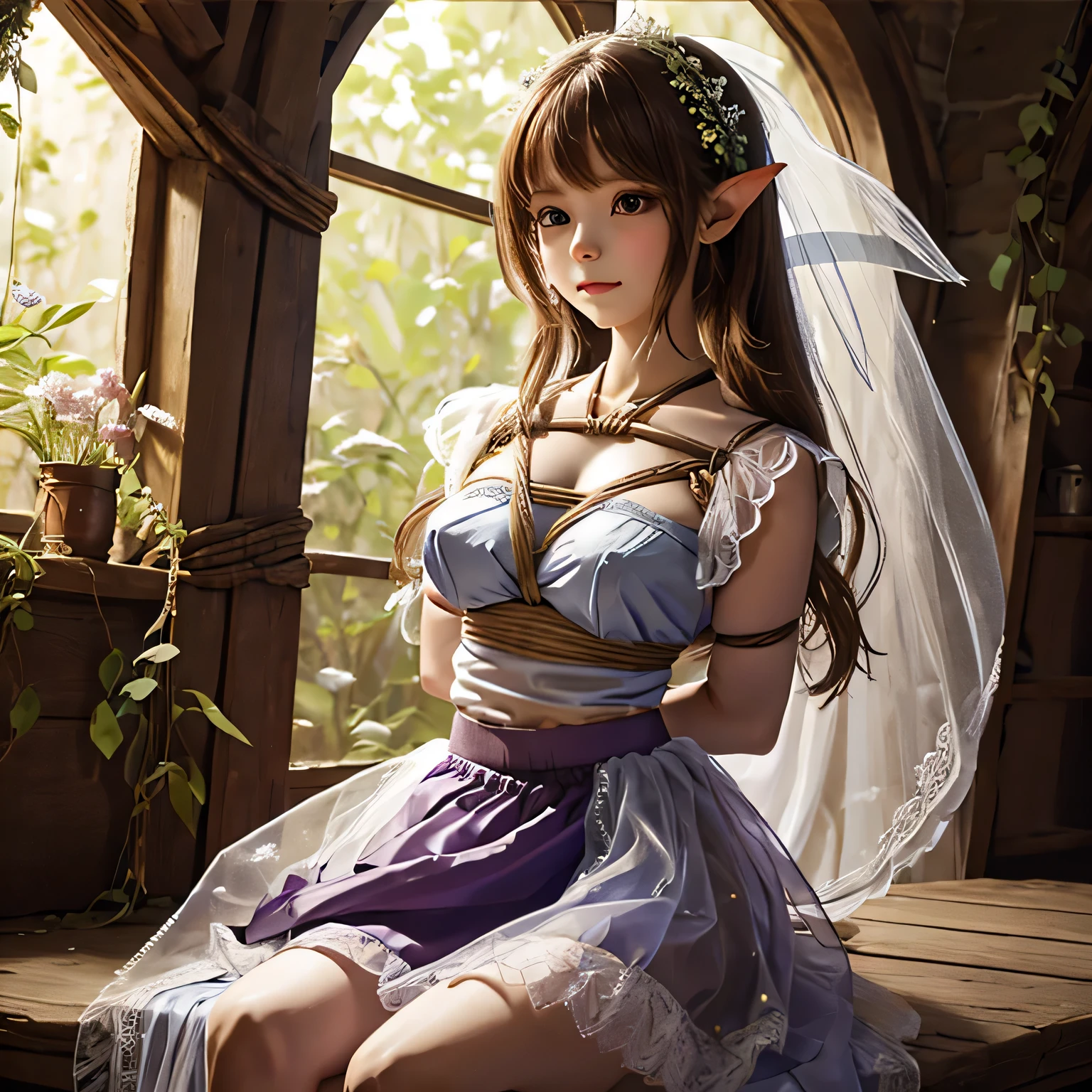 Make a picture where a beautiful fairy is bound and gagged, bound, she wearing a sheer skirt,gr3ysh33r