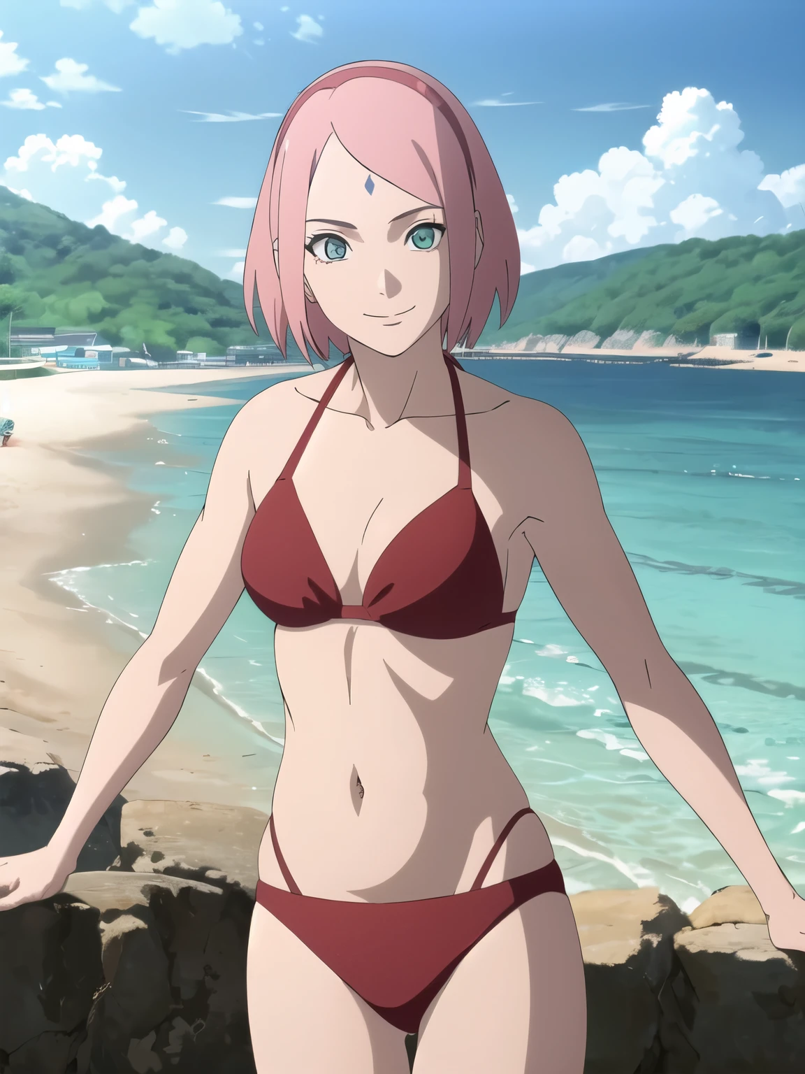 anime style, solo, 1 woman, ultra details, very high resolution, perfect anatomy, ultra detailed face, high vibrance, (blue light), ((cold colors)), 1girl, haruno sakura, (tall, thin belly, off-shoulders, biceps, closed fists, pale skin, long belly, small breasts, forehead mark), ((red t-back bikini, red hair band)), looking at viewer, (beach, stretching, armpit line), floating hair, big smile, cowboy shot, (reddish pink hair, short hair), spring time
