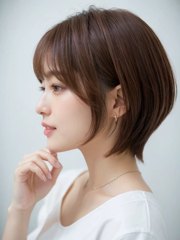In front of the white door、(8K、Raw photo、highest quality、masterpiece:1.2)、High-definition RAW color photo、professional photos、(realistic、Photo realistic:1.37)、Photographed in natural light、1 girl、laughter、(Various poses)、squat、squat、break (Ombre:1.3) 、Winter clothes、 necklace、(Pastel colored clothes)、(Beautiful profile:1.3)、Don't look at the camera、profile、shortcut、((brown hair)、short hair、Eye color is dark brown、(Beautiful profile:1.3)、correct hand of human body、big earrings