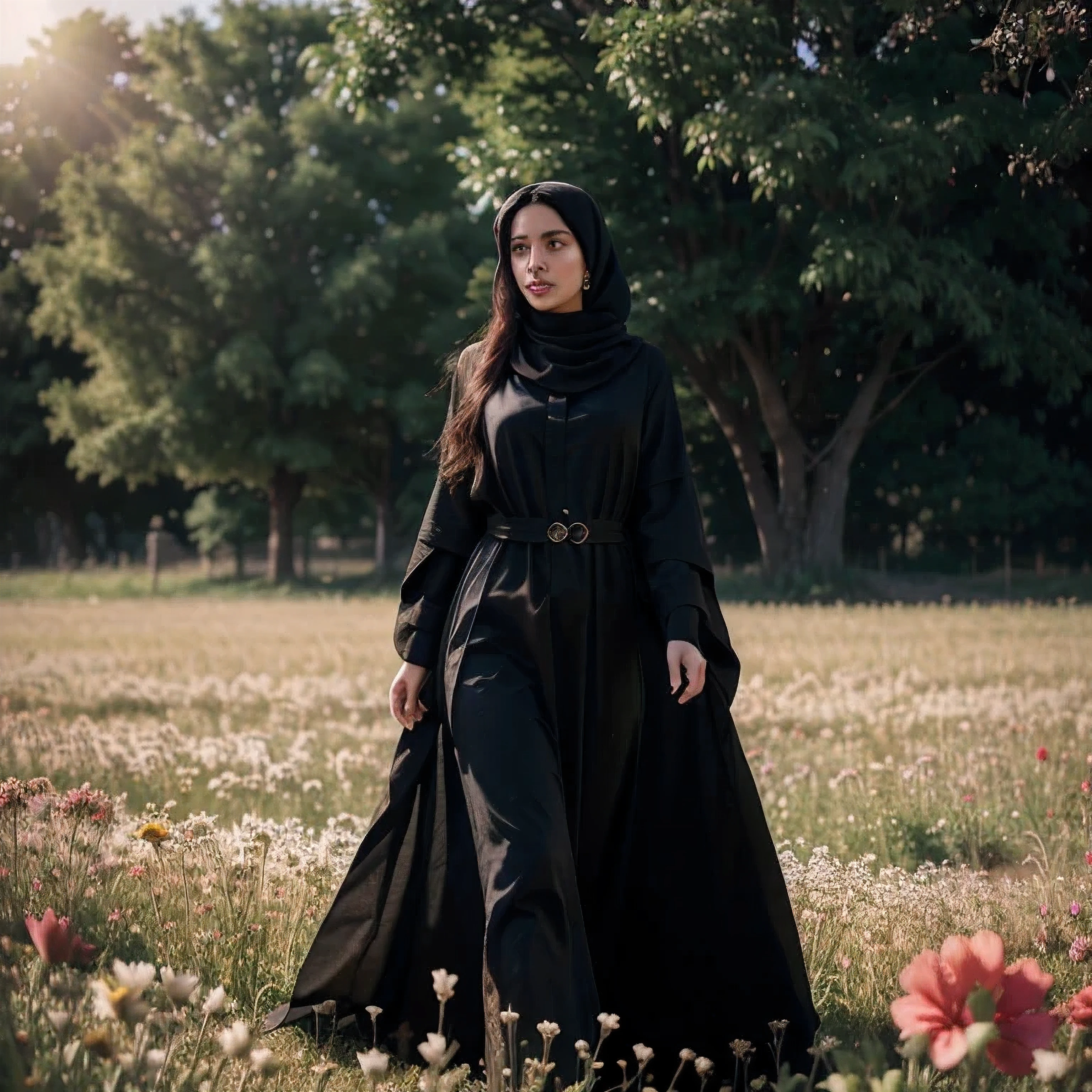 a women with black hijab, brown eyes, beauty, university center of the campus, blue sky, amazing sky, white skin, very beautifull, zoom out, full body, colorful, highest detailed, (light streaks), striking visuals, (dynamic streaks, luminous trails:1.2), focused, long black pants, campus, garden, university, floral.