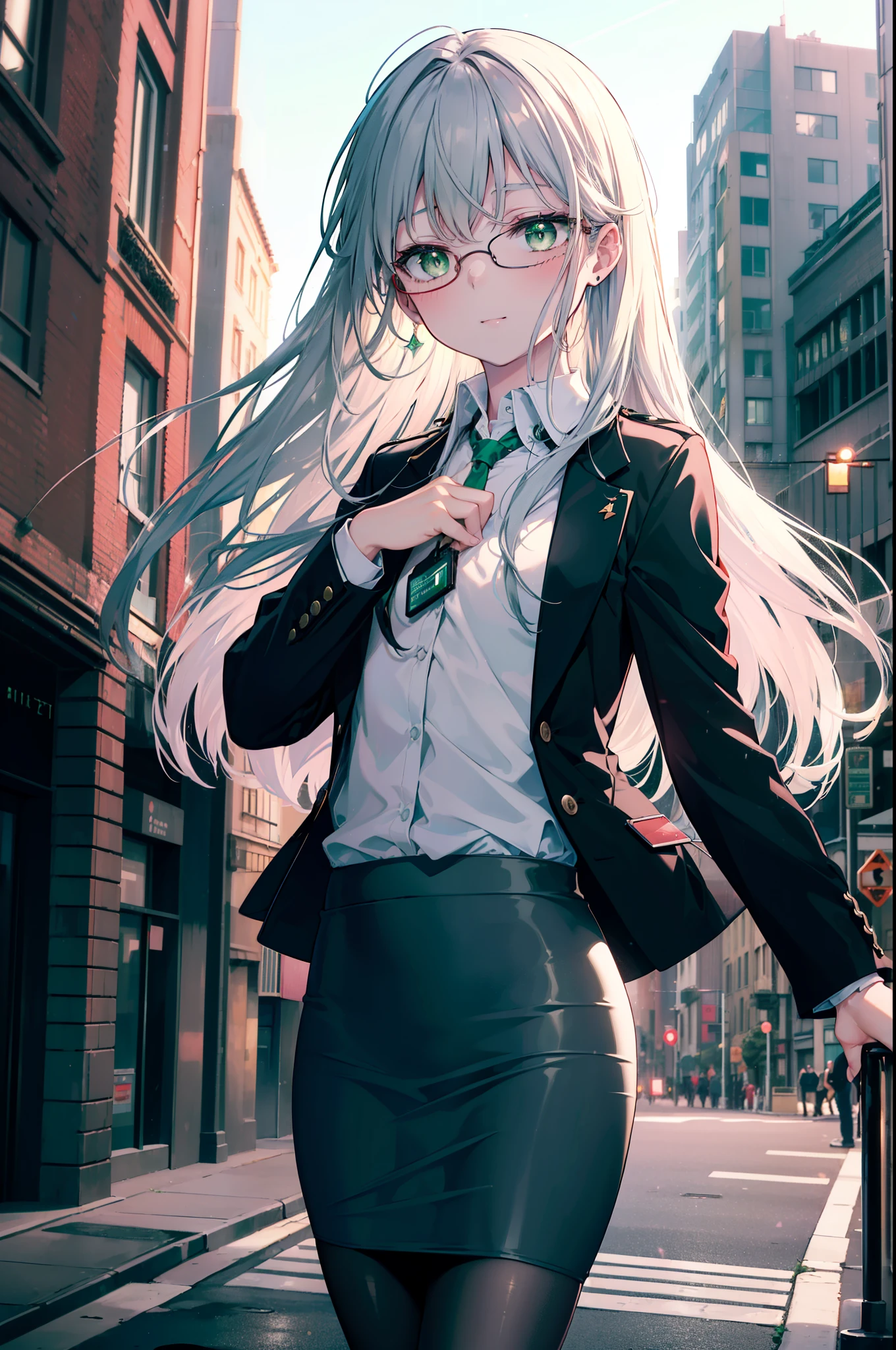 index, index, (green eyes:1.5), silver hair, long hair, (flat chest:1.2),smile,blush,open your mouth,
OL, red glasses, end, black suit jacket, collared jacket, white dress shirt, collared shirt, neckline, button, strap, ID card on neck, black pencil skirt, black pantyhose, stiletto heels, city street,morning,morning陽,The sun is rising, breaking the viewer, Upper body, whole body, (cowboy shot:1. 5)
break outdoors, In town,Destroy a city of buildings (masterpiece:1.2), highest quality, High resolution, unity 8k wallpaper, (figure:0.8), (detailed and beautiful eyes:1.6), highly detailed face, perfect lighting, Very detailed CG, (perfect hands, perfect anatomy),