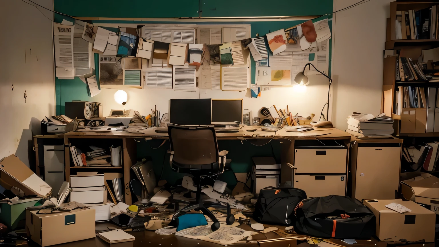 Noticiero: The set is messy and completely destroyed, con papeles, basura y documentos tirados sobre el escritorio. En el fondo, un mapa mundial se ve descolorido y desgastado. parece una escena sacada de una pelicula postapocaliptica, son dos imagenes, dos vistas diferentes de exactamente el mismo lugar
