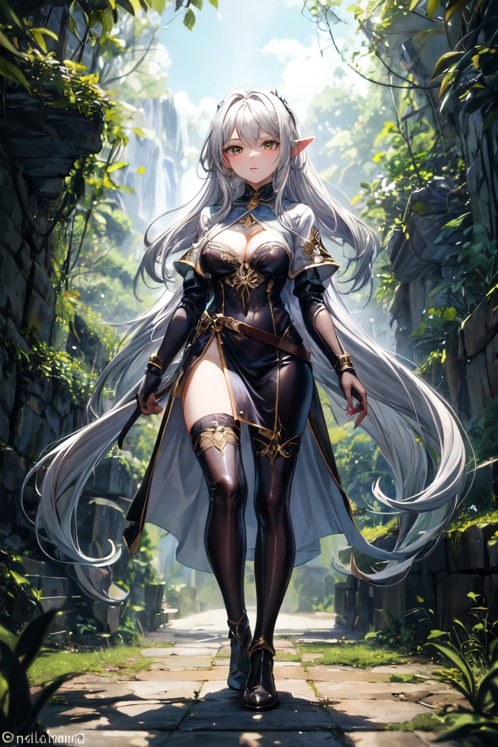((Melhor qualidade)), ((obra de arte)), (detalhado), rosto perfeito, mulher, elfa, adulta, orelha pontuda, cabelo preto, cabelo longo, cabelo solto, olhos verdes, roupa couro, roupa tecido, roupa verde, roupa marrom, bota de couro, roupa detalhes dourados, colar mistico, paisagem floresta, illustration, personagem, fantasy, standing pose, trees, vegetation, roupa medieval, foto ultra ampla, um wallpaler de uma mulher elfo, mulher elfo, elfa (detalhes intensos, obra de arte, Melhor qualidade: 1.5), ultra detalhado face, ultra feminine, pele clara, beleza requintada, Cabelo escuro, cabelo longo, cabelo ondulado, pequenas orelhas pontudas,