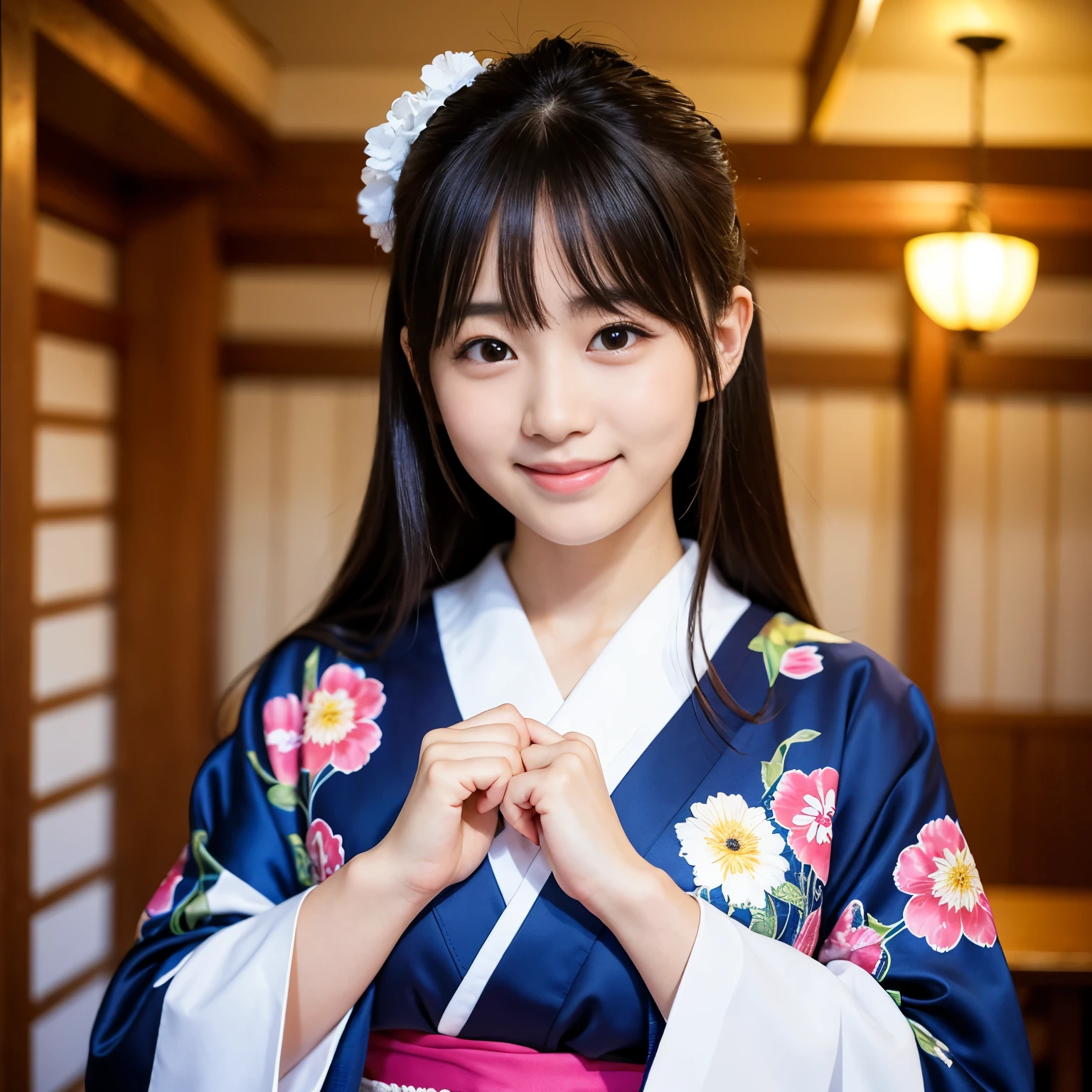 wearing only FURISODE, Best-quality, Masterpiece, Ultra-High-Resolution, (Photorealistic:1.4), Raw-Photo, 1girl, solo, 20-years-old, the most famous Japanese idol, extremely cute face, extremely cute big-black-eyes, extremely cute hairstyle, extremely beautiful and extremely realistic skins, extremely cute eyelashes, extremely cute lips, innocent-smile