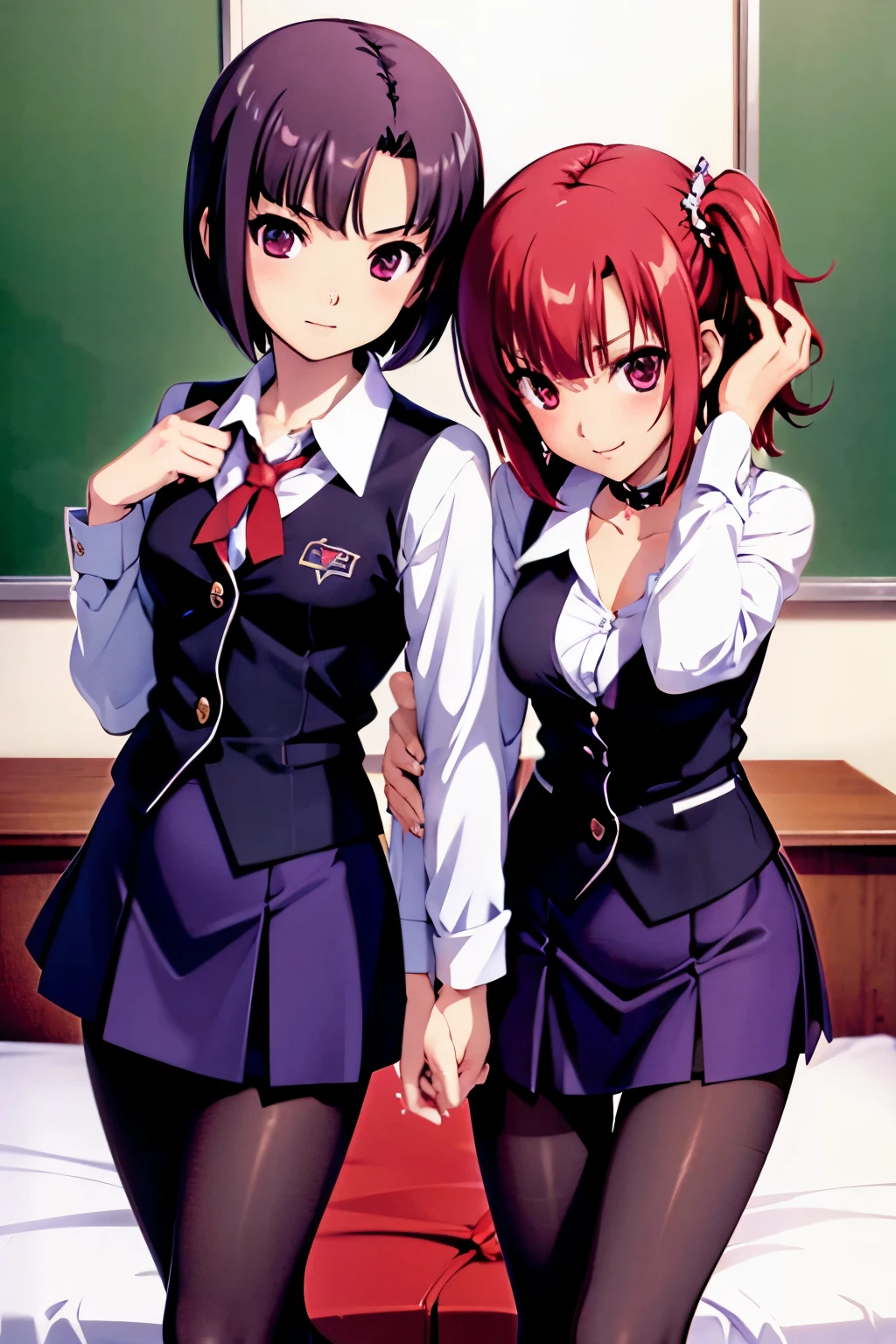 Rio, Super Blackjack、red hair、short hair、((school uniform))、((pantyhose))、mini skirt、Photo from below、medium chest、Bedroom、Rio・デ・カーニバル、bra