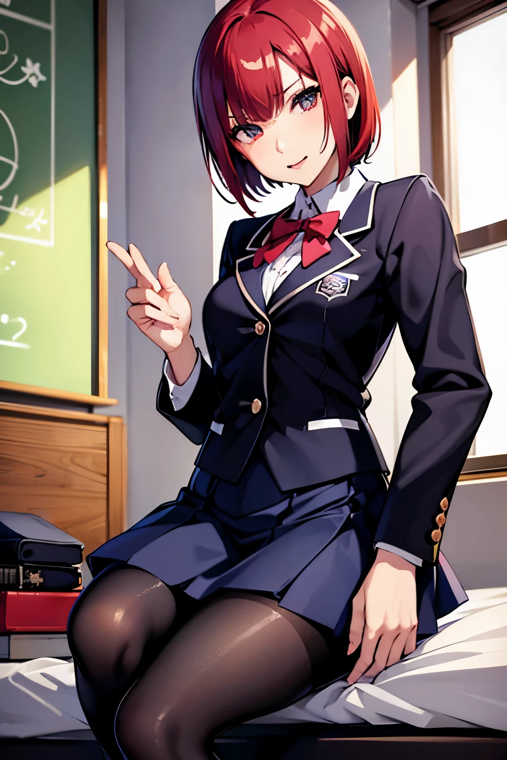 Rio, Super Blackjack、red hair、short hair、((school uniform))、((pantyhose))、mini skirt、Photo from below、medium chest、Bedroom、Rio・デ・カーニバル、bra