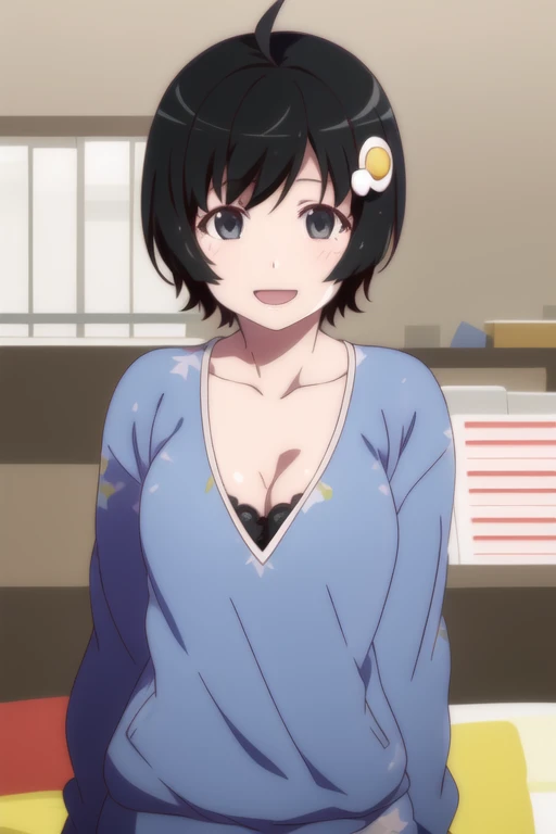 1girl, solo,
araragitsukihi, short hair,
hair ornament, ahoge, egg hair ornament, sweatshirt, cleavage,
 smile, upper body shot,
 