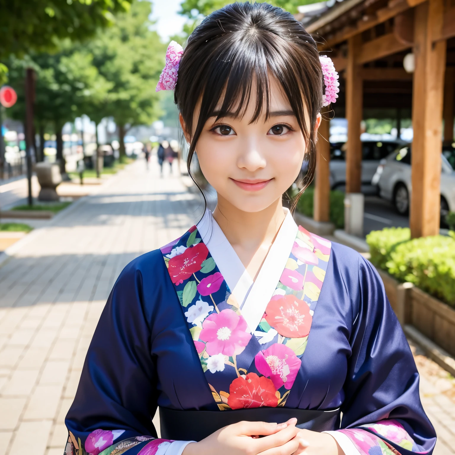wearing only FURISODE, Best-quality, Masterpiece, Ultra-High-Resolution, (Photorealistic:1.4), Raw-Photo, 1girl, solo, 20-years-old, the most famous Japanese idol, extremely cute face, extremely cute big-black-eyes, extremely cute hairstyle, extremely beautiful and extremely realistic skins, extremely cute eyelashes, extremely cute lips, innocent-smile, detailed FURISODE
