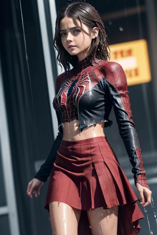 jenna louise coleman、マーベル・コミック映画のposter, very beautiful, movies about spiderman, sexy, whole body, I'm wearing a skirt、premiere date, poster、belly buttonを突き出す、new york、she's wearing a torn spiderman suit,the suit is torn、wearing a skirt、 red and black color scheme,dynamic、masterpiece、highest quality、super detailed、very detailed、A delicate and beautiful shine、超A high resolution、cinematic,tear,teardrop,(torn clothes:1.5), (wet clothes:1.4), bare shoulders,real rain,wet hair,belly button、exposing skin、sexyな肩を見せてる