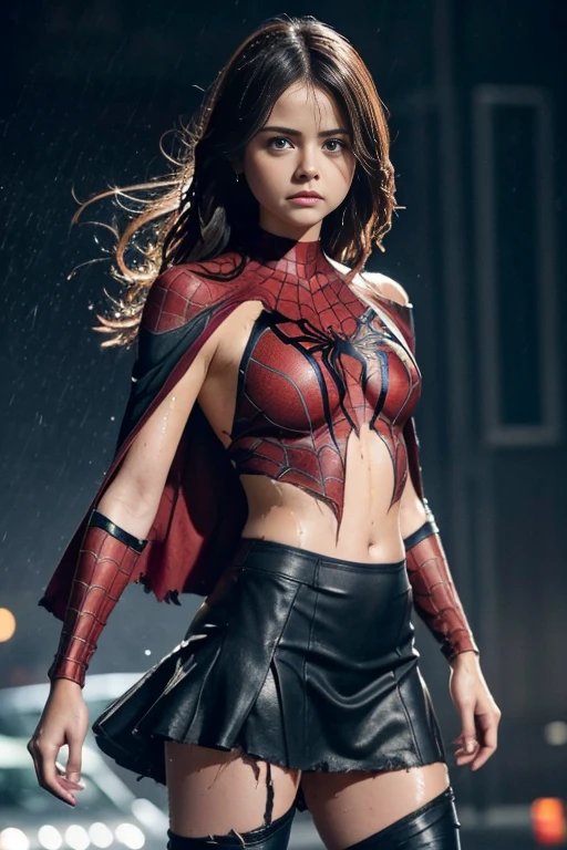 jenna louise coleman、マーベル・コミック映画のposter, very beautiful, movies about spiderman, sexy, whole body, I'm wearing a skirt、premiere date, poster、belly buttonを突き出す、new york、she's wearing a torn spiderman suit,the suit is torn、wearing a skirt、 red and black color scheme,dynamic、masterpiece、highest quality、super detailed、very detailed、A delicate and beautiful shine、超A high resolution、cinematic,tear,teardrop,(torn clothes:1.5), (wet clothes:1.4), bare shoulders,real rain,wet hair,belly button、exposing skin、sexyな肩を見せてる