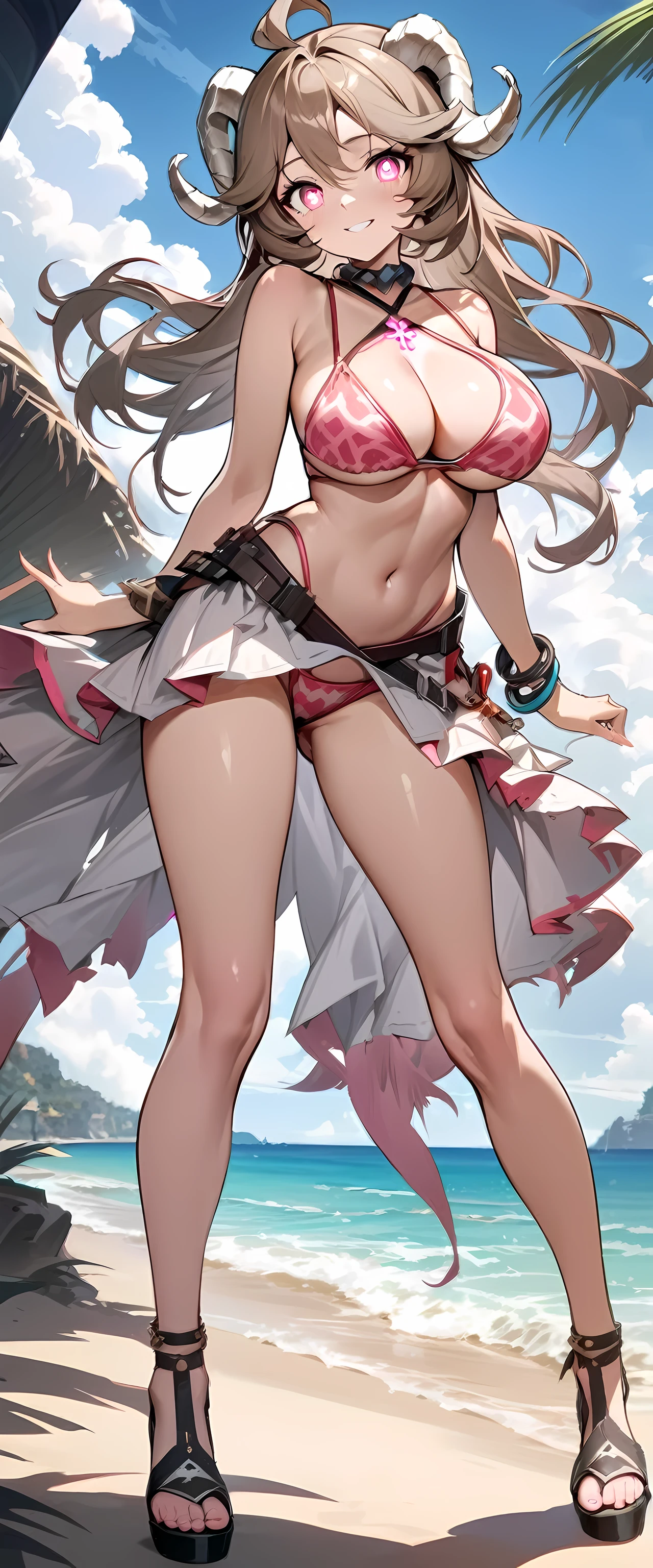 (masterpiece), best quality, expressive eyes, perfect face,Eyjafjalla_\(Arknights)\,(pink cross halter bikini),big breasts,beach,goat horns,heel sandals,(light brown hair),middle hair,[cleavage],looking at viewer,smiles,(necklace),bracelets, bangles, eyeshadows, eye liner,glistening eyes, hyper detailed eyes, intricate eyes, beautiful eye, ((glowing pink pupils))、smilling face,(bare legs),(standing,contrapposto:1.4),seductive pose,dynamic angle,spoken heart