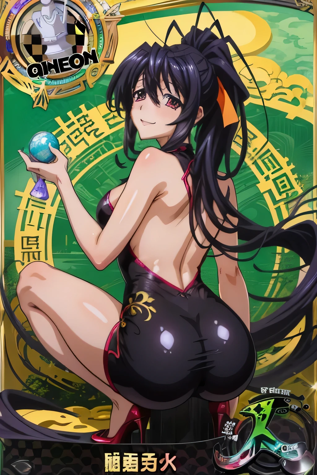Himejima Akeno、long hair、(draw the eyes:1.2)、one person
、blush、smile
、(You can see her ?????)
、(???? ???)
、squat
、Hold in mouth
、(white cheongsam)
、(highest quality)
、(fine skin:1.3)


