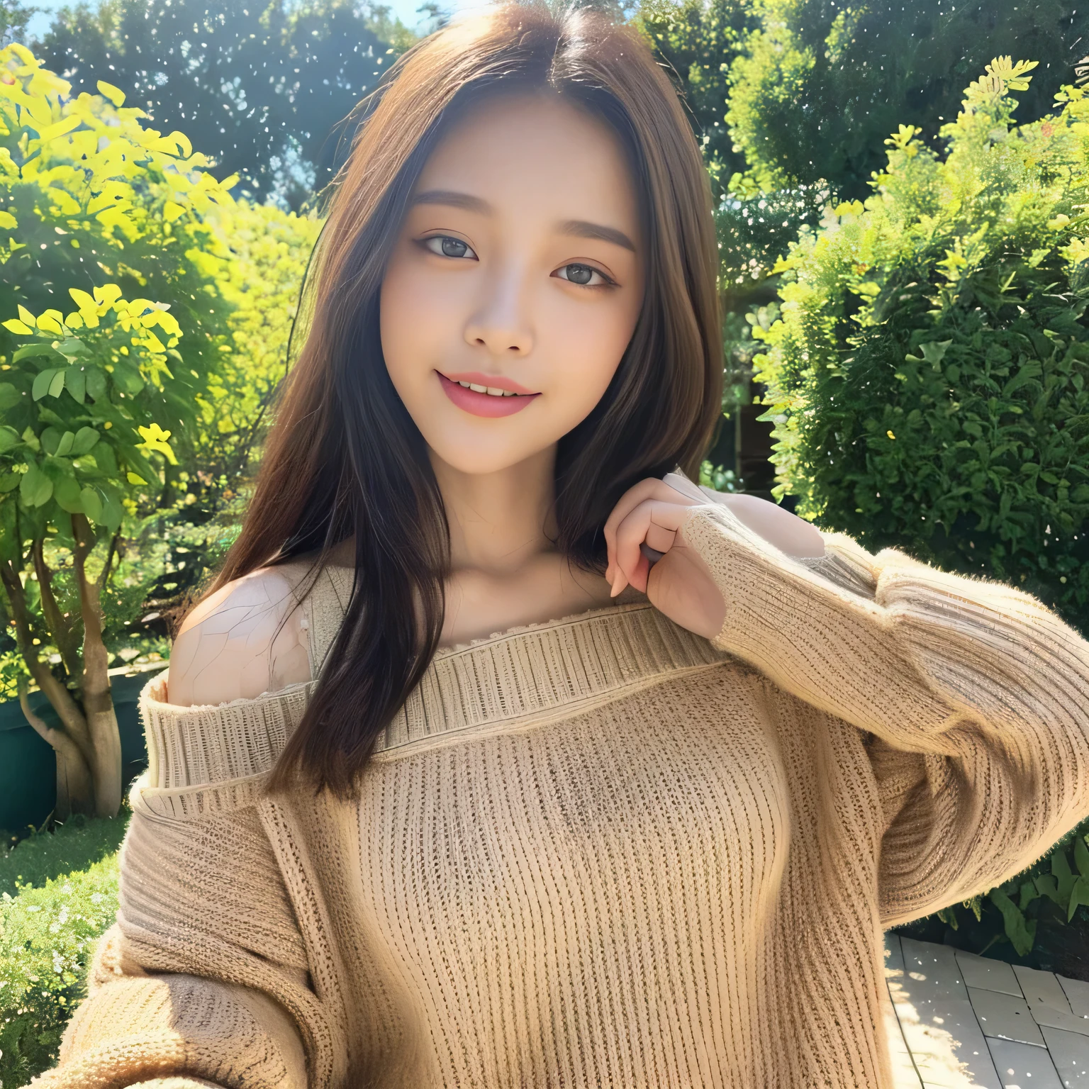 ((highest quality, 8K, masterpiece:1.3)), concentrated:1.2, perfect body beauty:1.4, buttocks:1.2, ((delicate hair)), (Colorful Solid Cold Shoulder Oversized Sweater、 :1.1) , ((highest quality、8K、masterpiece:1.3))、1 girl、A sloppy smile、Full body Esbian、slim face、big 、Beautiful woman、(dark brown hair)、、1.1、Flickering Valley、detailed eyes、double eyelid、blurred background、超slim face、look down、garden、