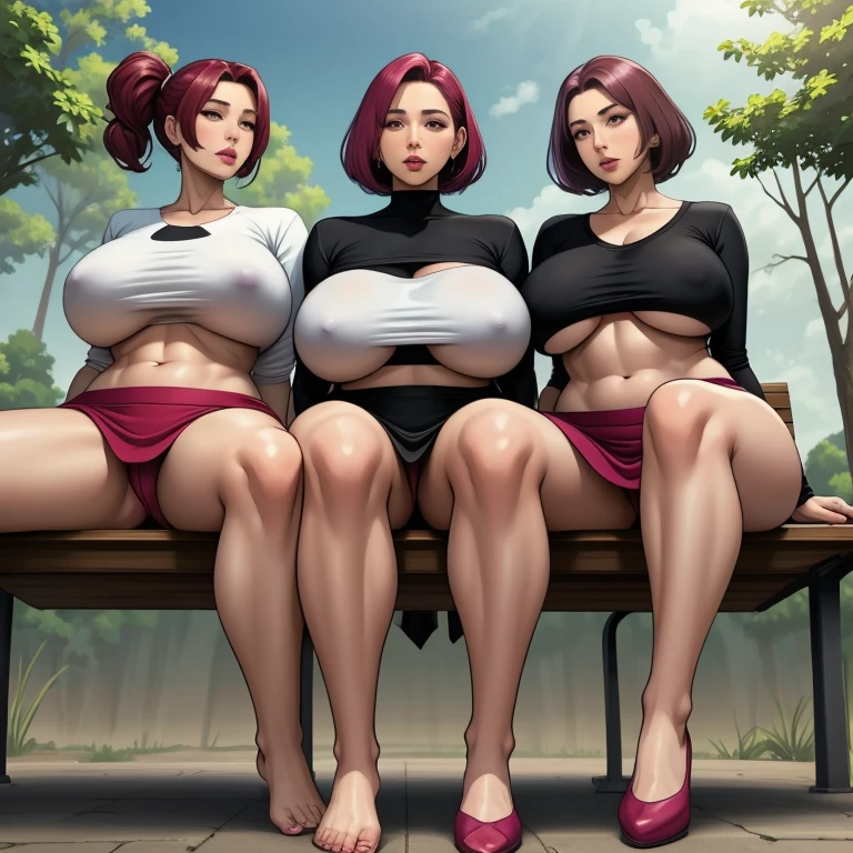 3 mature women, gigantic breasts, microskirt, cropped tops, underboob, fullbody shot, sitting on bench, leg apart, front view from below