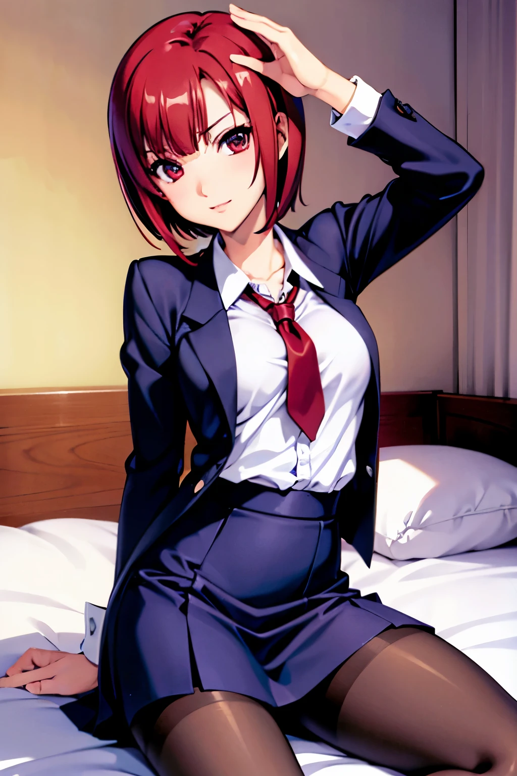 Rio, Super Blackjack、red hair、short hair、((school uniform))、((pantyhose))、mini skirt、Photo from below、medium chest、Bedroom、Rio・デ・カーニバル、bra