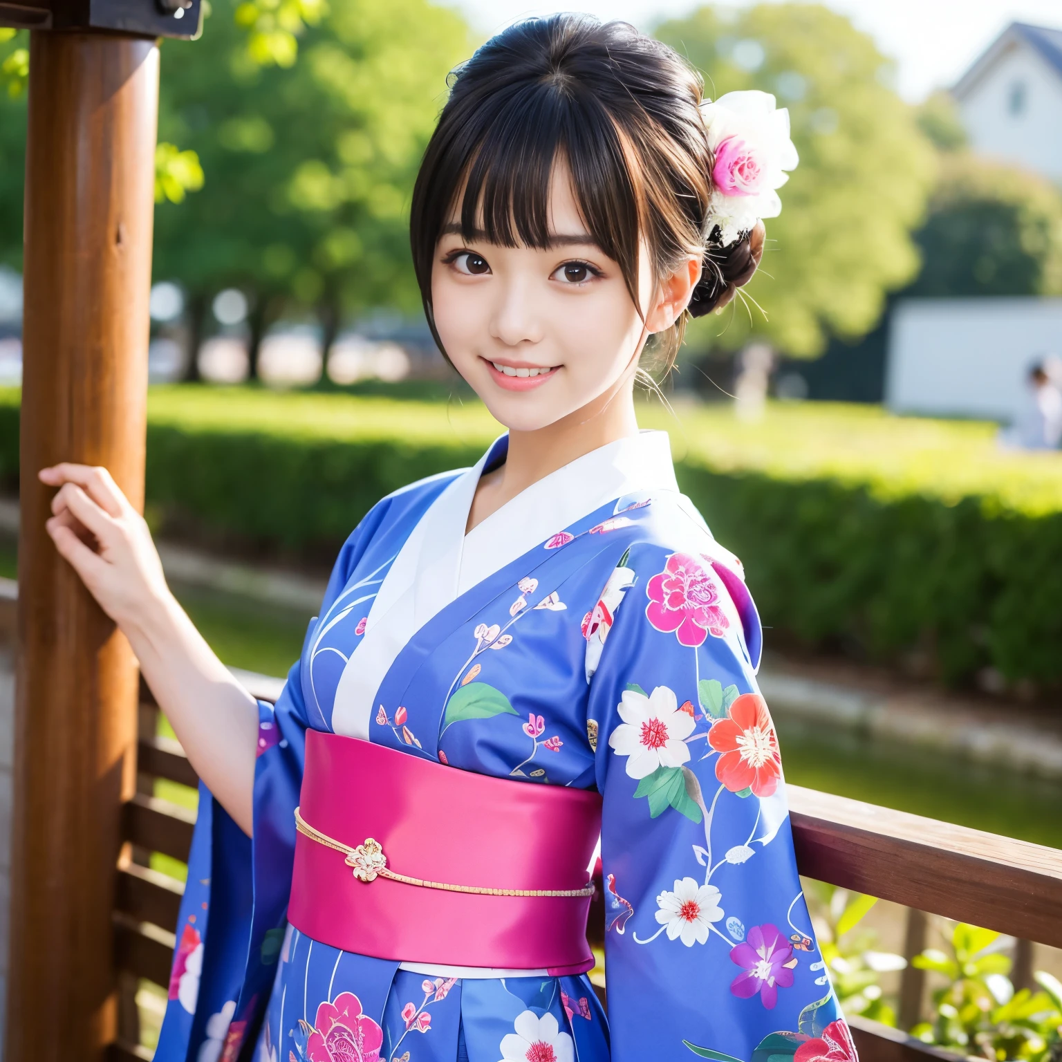 wearing only FURISODE, Best-quality, Masterpiece, Ultra-High-Resolution, (Photorealistic:1.4), Raw-Photo, 1girl, solo, 20-years-old, the most famous Japanese idol, extremely cute face, extremely cute big-black-eyes, extremely cute hairstyle, extremely beautiful and extremely realistic skins, extremely cute eyelashes, extremely cute lips, innocent-smile, dynamic-pose, detailed FURISODE
