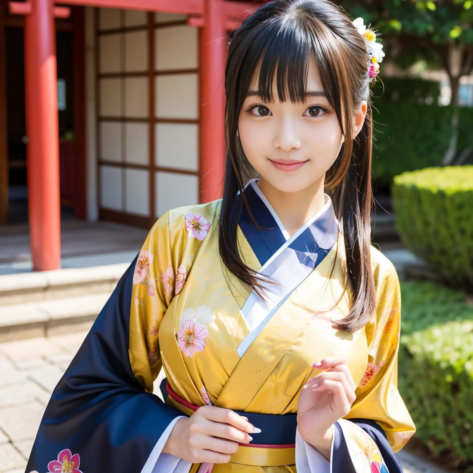 wearing only FURISODE, Best-quality, Masterpiece, Ultra-High-Resolution, (Photorealistic:1.4), Raw-Photo, 1girl, solo, 20-years-old, the most famous Japanese idol, extremely cute face, extremely cute big-black-eyes, extremely cute hairstyle, extremely beautiful and extremely realistic skins, extremely cute eyelashes, extremely cute lips, innocent-smile, dynamic-pose, detailed FURISODE