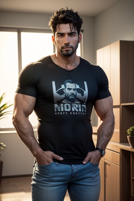 Realistic 8K image of a 33-year-old man, rubio, Fuerte, musculoso y nalgon, cabello corto, ojos verdes, Vestido con una camiseta blanca sin mangas y jeans negros, shy expression, de pie en la sala de estar de un apartamento sencillo, escena nocturna.