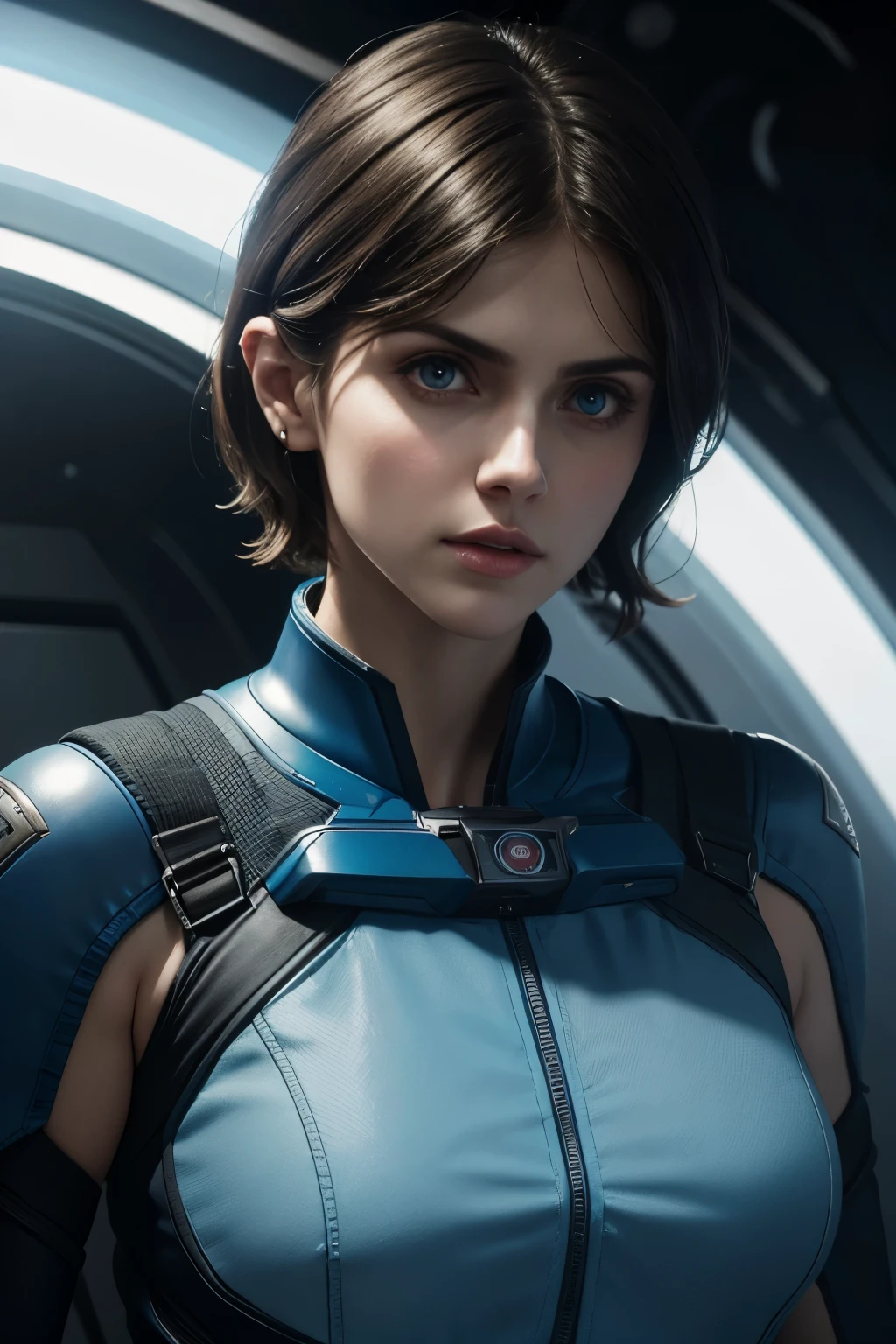 ALEXANDRA DADDARIO,short hairสีแดงสวมชุด (blue alliance set) On the space station., realistic skin, incredible light, ultra realistic, Wallpaper, complicated, Sharp focus, Ray Tracing, rtx, Professional color grading, Professional photography, Masterpiece, very detailed, High quality, best quality, 4k, 8k, raw , regeneration of the skin, big breasts, short hair,