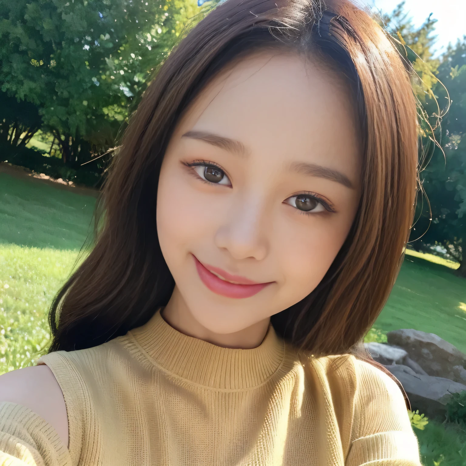 ((highest quality, 8K, masterpiece:1.3)), concentrated:1.2, perfect body beauty:1.4, buttocks:1.2, ((delicate hair)), (Colorful Solid Cold Shoulder Oversized Sweater、 :1.1) , ((highest quality、8K、masterpiece:1.3))、1 girl、A sloppy smile、Full body Esbian、slim face、big 、Beautiful woman、(dark brown hair)、、1.1、Flickering Valley、detailed eyes、double eyelid、blurred background、超slim face、look down、garden、