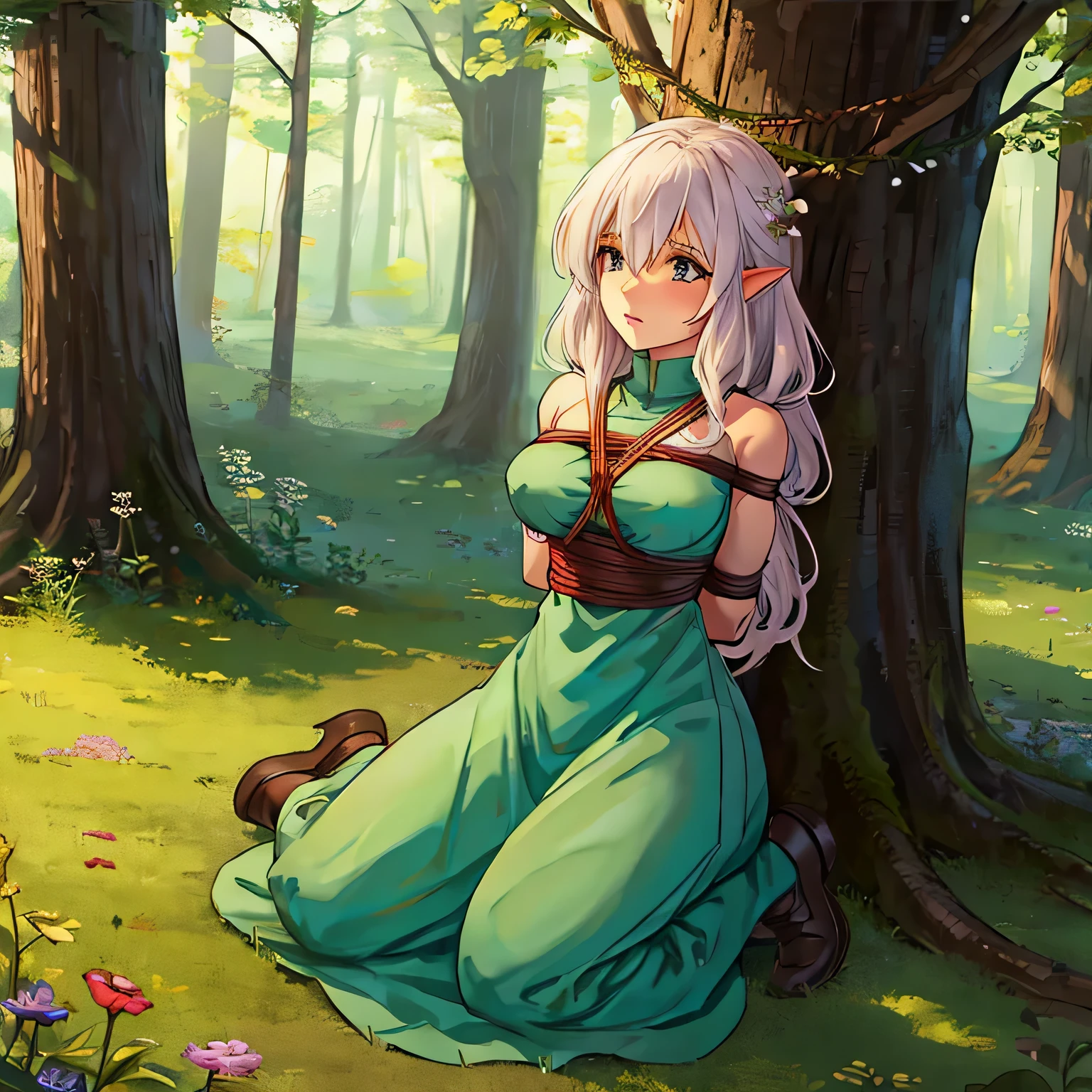 Make a picture where a fairy is getting tied up by a female thief in the woods, bound