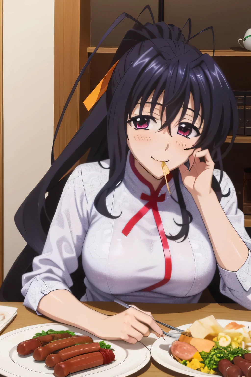 Himejima Akeno、long hair、(draw the eyes:1.2)、one person
、blush、smile
、((Chew sausage in your mouth))
、upward glance
、(white cheongsam)
、(highest quality)
、(fine skin:1.3)


