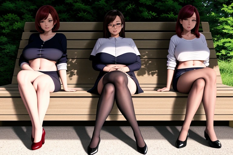 3 mature women, gigantic breasts, microskirt, cropped tops, underboob, fullbody shot, sitting on bench, leg apart, front view from below