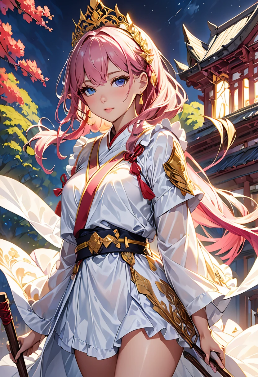 NSFW, masterpiece、highest quality、ultra high resolution、maximum resolution、very detailed、professional lighting、anime、adult woman、thin、so beautiful、beautiful face、armored dress、White full plate armor、Golden decoration、luxurious tiara、Golden earrings、Frilly Armor、pink hair、Golden Eyes、gold belt、cloak、Priest、Holds a gorgeous walking stick and book、white underwear、temple,
