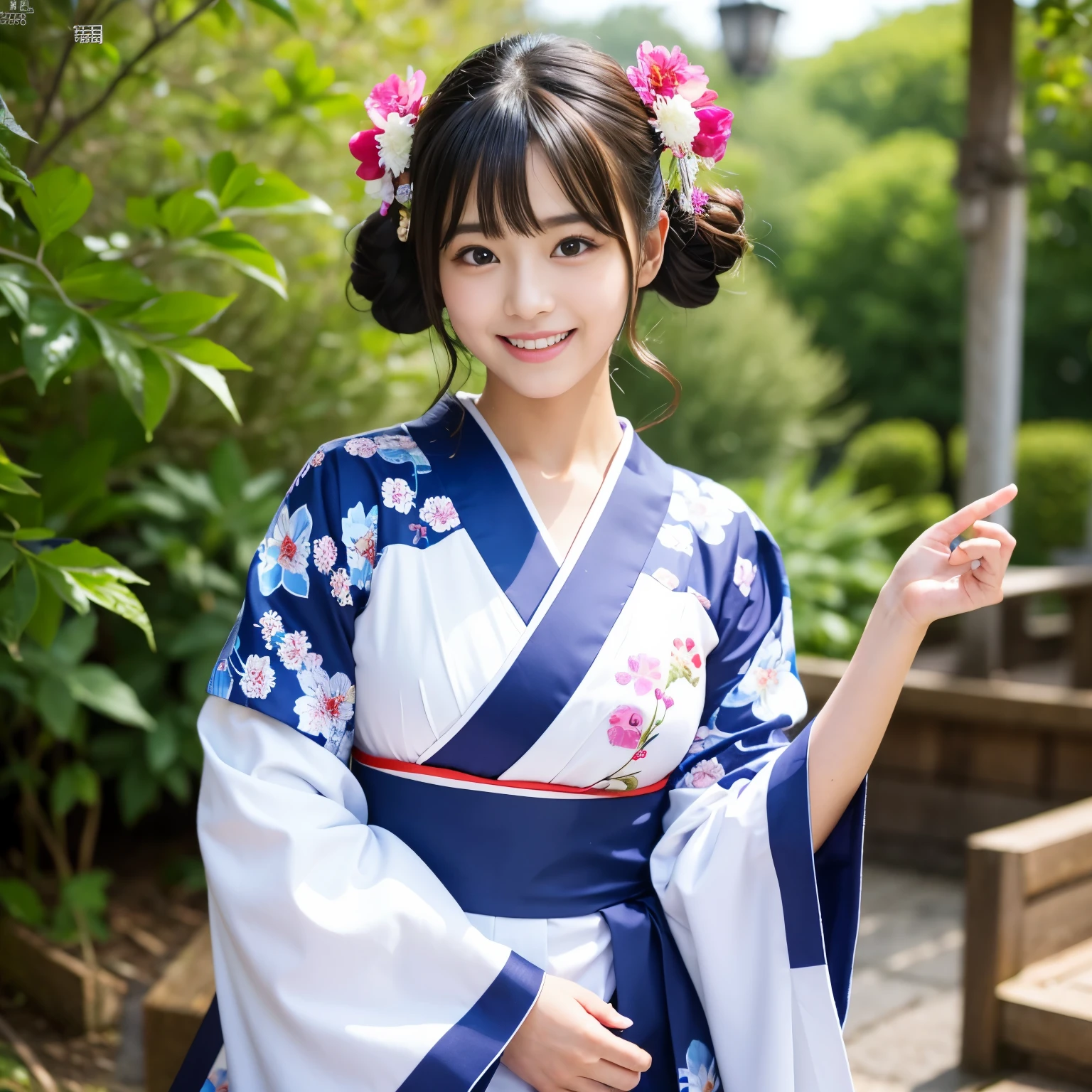 wearing only FURISODE, Best-quality, Masterpiece, Ultra-High-Resolution, (Photorealistic:1.4), Raw-Photo, 1girl, solo, 20-years-old, the most famous Japanese idol, extremely cute face, extremely cute big-black-eyes, extremely cute hairstyle, extremely beautiful and extremely realistic skins, extremely cute eyelashes, extremely cute lips, cowboy-shot, innocent-smile, dynamic-pose, detailed FURISODE